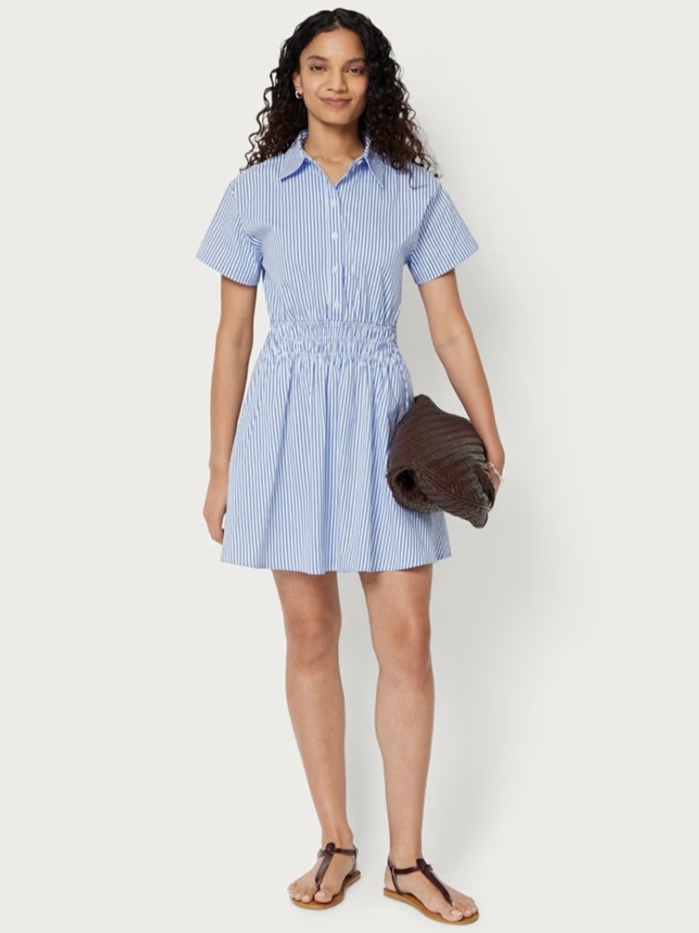 Blue Striped Fit and Flare Shirtdress with Smocked Waist